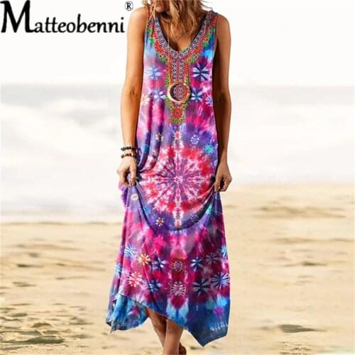 2021 Women New Large Size Ethnic Style Loose Printed Vest Dress Fashion V-Neck Sleeveless Cotton Splice Irregular Long Dresses