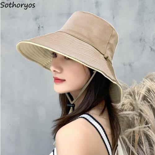 Summer Big Brim Bucket Hats Women Solid Simple Sun Protection Fisherman Caps Fashion Double-sided Sunbonnet Ins Japanese Style