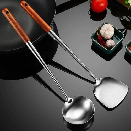 Cookware Kitchen Utensils Cooking Tools Sets Tableware Kitchenware Long Handle Wok Spatula Iron Ladle Stainless Steel 2 Pcs