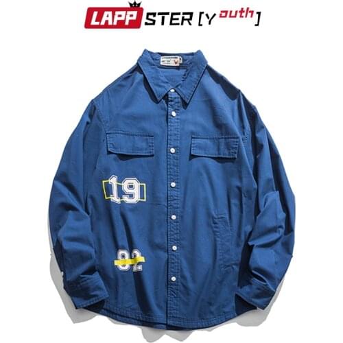 LAPPSTER Men Letter Print Cotton Streetwera Shirts 2020 Korean Fashions Long Sleeve Shirt Hip Hop Fashion Harajuku Pockets Shirt