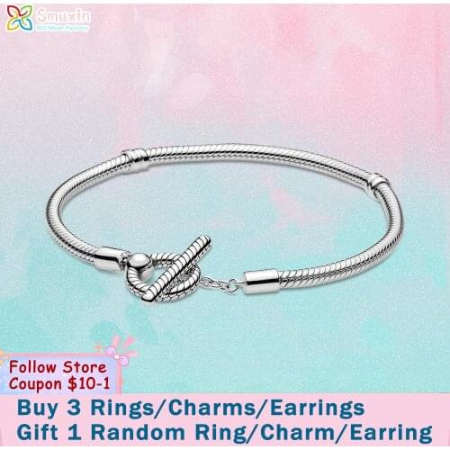 Smuxin 925 Sterling Silver Bracelets Pan Moments T-bar Snake Chain Bracelet Friendship Bangles Women Jewelry Making Girl Gift
