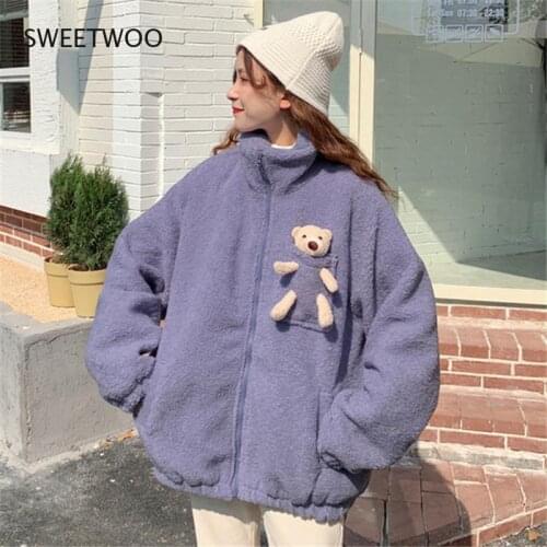 Womens Bear Jacket Solid Color Stand-Up Collar Casual Korean Version of Cute Bear Spring Plus Velvet Thick Street Jacket 2021
