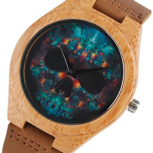 Steampunk Rock Skull Nature Wood Watches Women Handmade Novel Simple Bamboo Casual Wristwatch Genuine Leather Relogio Feminino