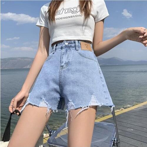 2021 Summer Denim Shorts Sexy Women Streetwear Blue Jean Shorts Epaulet Pockets Hole Wide Leg Loose Casual Short Jeans Female