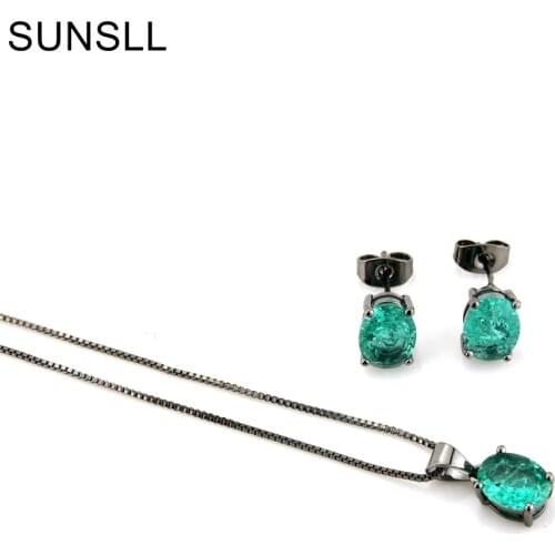 SUNSLL Black Color Copper Multicolor Crack Cubic Zirconia Stud Earrings And Pendant Necklaces Womens Fashion Jewelry Sets