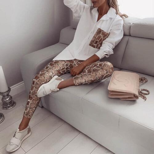 Womens Shirt Suits Long Sleeve Pocket Blouse Female Pants Sets Thin Faux PU Plastic Two Piece Set Snake Print