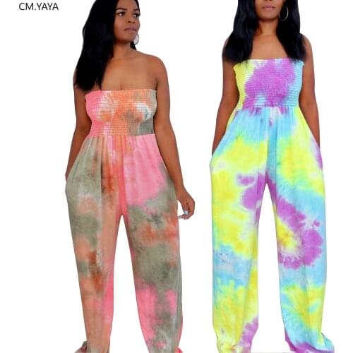 CM.YAYA Women Tie Dye Print Strapless Sleeveless Bodycon Beach Playsuit Sexy Bohemian Sport Bodysuit One Piece Romper Jumpsuit