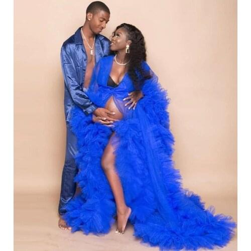Royal Blue Maternity Evening Dresses Long Sleeves Women Plus Size Party Dressing Gowns See Through Sheer Tulle Maternity Robe