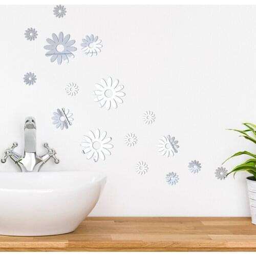 16 PCS Daisy Acrylic Mirror Wall Sticker Removable 3D Daisy Mirror Decals Bedroom Bathroom Decoration Vinyl Art Home Wall Decor