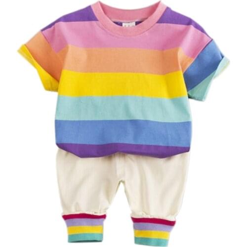 2Pcs/Set Summer Kids Costume Set Children Boys Casual Clothes Baby Girls Short Sleeve Rainbow Print T-shirt Tops+Shorts Suits