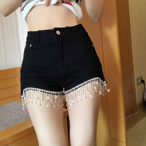 2020 Spring Summer Rhinestone Heavy Tassels Nail Diamond Beads High Thin Waist black Denim Shorts Women white jeans
