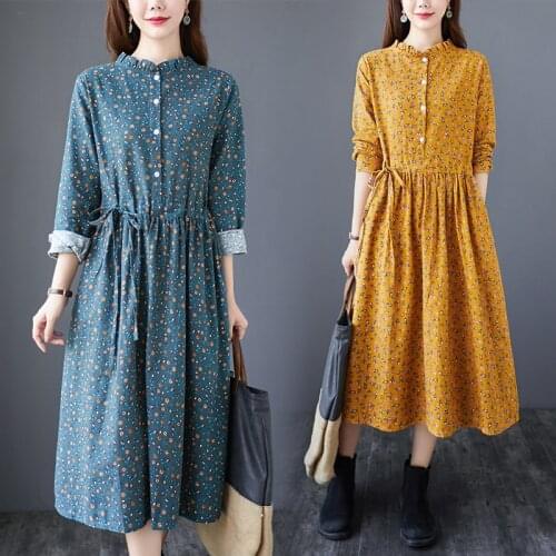 2021 Autumn Floral Shirt Dress Vintage Casual Cotton Linen Women Printing Long Sleeve Plus Size dress women