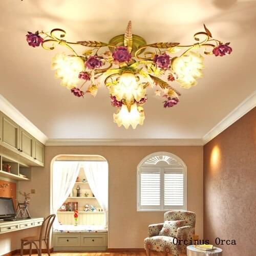 American retro Purple Rose ceiling lamp living room dining room bedroom modern pastoral LED color flower and grass ceiling lamp