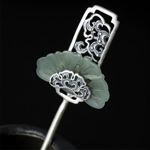 Antique Hair Sticks 925 Sterling Silver With Natural Stone Chinese Jade Hair Stick Traditional Wedding Accessories Hanfu Vintage