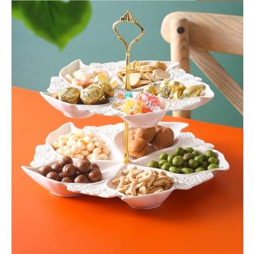 White Embossed Ceramic Plate Double-layered Snacks Dishes Fruit Plate Nordic Living Room Home Confectionery Tray Cake Stand