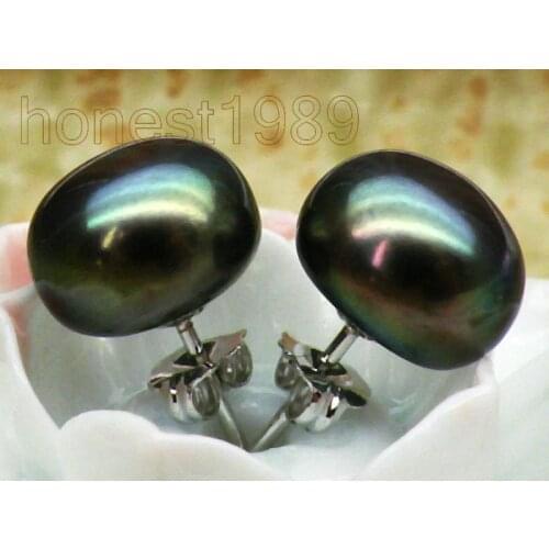 Free shipping Genuine AAA+++ 10mm peacock black bread south sea pearl earring 14k/20 white gold