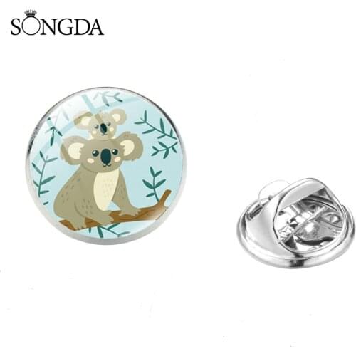 Baby Koala Animal Brooches Handmade Art Picture Glass Cabochon Butterfly Clasp Pin Backpack Clothes Decoration Kids Gift