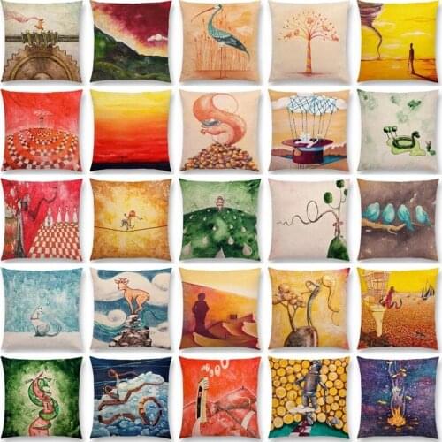 Linen Oil Painting Fable Story Sofa Throw Pillow Case Magical Imagination World Cushion Cover Home Decor Sofa Throw 45x45cm