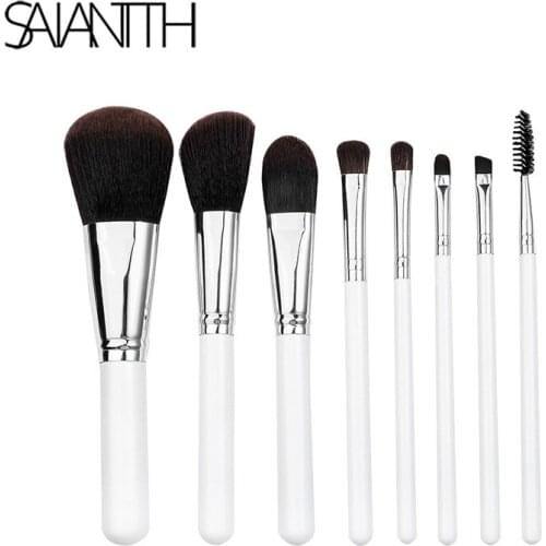 Saiantth 8pcs black white pearls makeup brushes set wooden handle make up tools silver tube foundation powder blush eyelashes