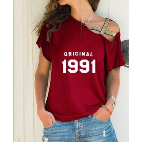 Original 1991 Letter Print Loose Irregular T-shirt Women Sexy Harajuku Skew Neck Cross Bandage Tops for Female 30 Birthday Gift