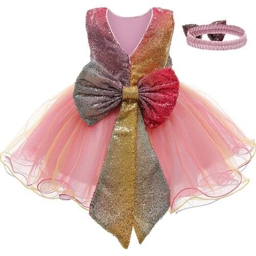 Girls Birthday Year Dress Princess Dress+Hair Band 2Pcs Newborn Bowknot Gown Sequin Party Evening Dress For Girl Baby Clothes