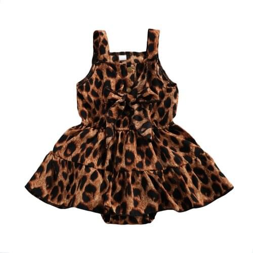 Baby Girl’s Casual Suspender Jumpsuits Fashion Leopard Bow Skirt Hem Triangle Romper