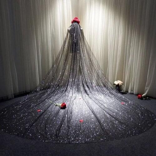 Luxury Shining Black/Ivory Spraying Sequins 3*3.5 Meters Wedding Veil Bridal Chapel Veil With Comb