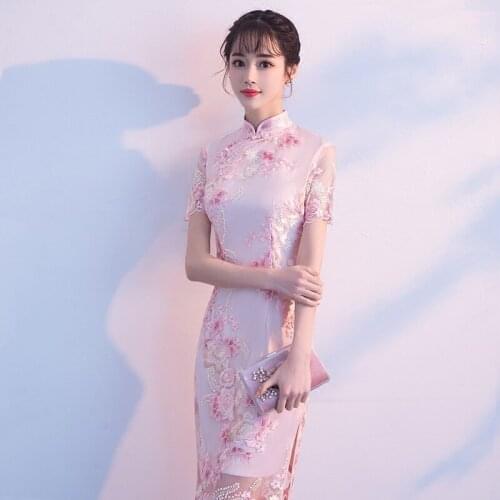 Pink Lace Chinese Style Evening Dresses Cheongsam Elegant Oriental Party Gown Vestidso Vintage Embroidery Bride Qipao Plus Size