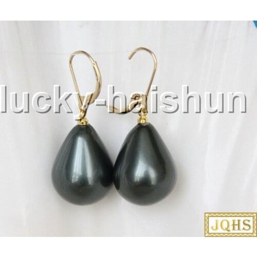 AAA Genuine 16X20mm drip Tahitian black south sea shell pearls Earrings 14K hook c29