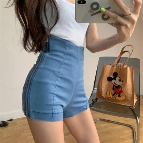 Womens Denim Shorts Zippers Side High Waist Korean Style Streetwear Skinny Blue Grey Fashion Shorts Elastics Summer Pants Woman