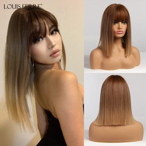 LOUIS FERRE Medium Brown Honey Ombre Synthetic Wigs High Temperature Cosplay Straight Cute Bob Hair Wig with Bangs for Women