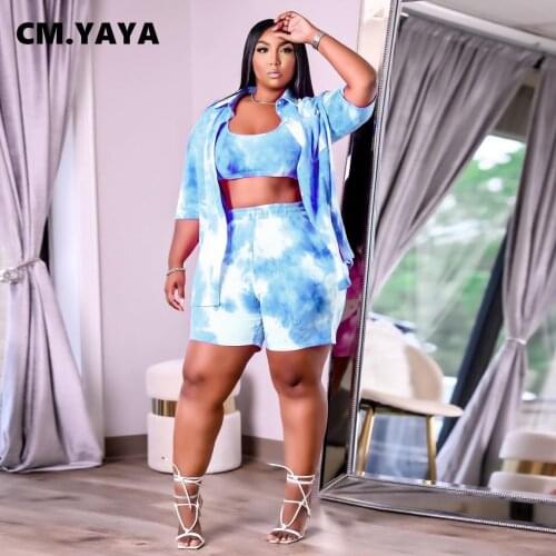 CM.YAYA Women Set Tie Dye Crop Tanks Half Sleeve Coat Stretchy Shorts Three 3 Piece Sets Active Tracksuit Casual Outfit Summer