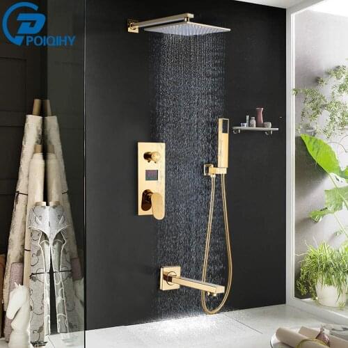 POIQIHY Golden Shower Faucet Set Wall Mounted Bath Shower Tapware Rainfall Brass Shower Mixer Faucet Digital temperature Display