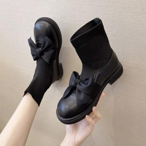 Bowknot woolen boots women autumn single boots 2021 new British style thin low-tube thick-heeled black short boots womem shoes