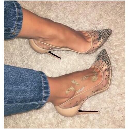 Moraima Snc Bling Bling Crystal Embellished High Heel Shoes Woman Pointed Toe Mesh Grid Party Wedding Heels Sexy Stiletto Heels