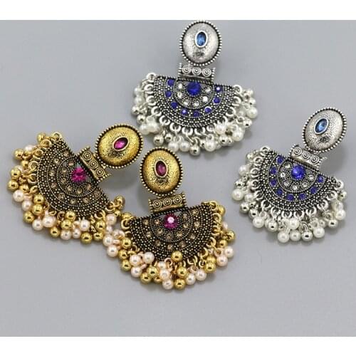 Luxury Vintage Boho Metal Pearls Beads Drop Earrings for Women kolczyki Crystal Statement Earring Bridal Indian Wedding Jewelry