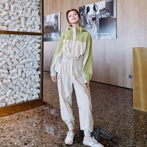 Women Slim Hooded Jumpsuit High Waist Long Sleeve Splice Overalls Streetwear Hip Hop Harem Trousers One Piece Pants Sets Romper