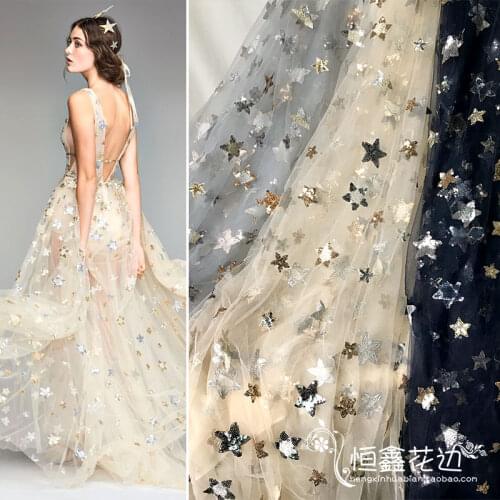 150CM star sequined Wedding bridal Dress Applique DIY Bridal Headdress scarf veil Embroidered Lace Fabric Patch curtain