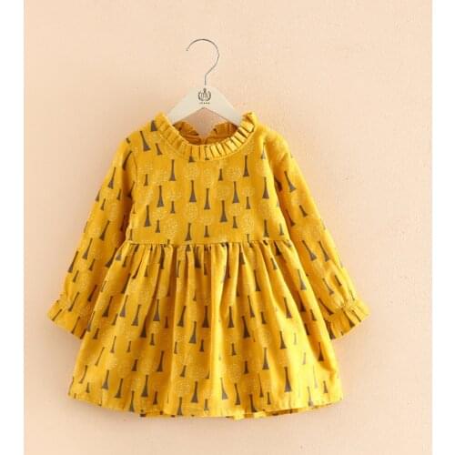 2021 Spring Autumn 2 3 4 6-10 Years ChildrenS Clothing England Style Baby Print Crew Neck Long Sleeve Yellow Kids Girl Dresses