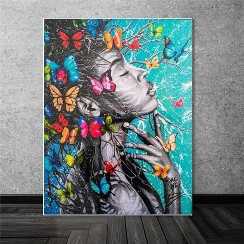 Abstract African Girl Butterfly Canvas Paintings Graffiti Black Woman Posters And Prints Wall Art Modern Picture Interior Decor