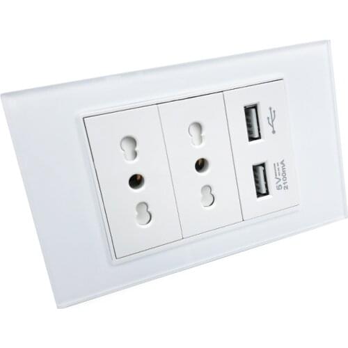 Chile Italy socket 2USB port 2A fast charging tempered glass panel household electrical appliances 110V-250V 16A plug socket
