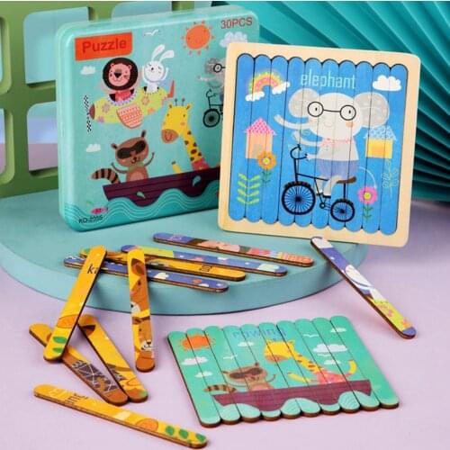 Animals Wood Jigsaw Puzzles Blocks Toys Peg Puzzle Pre-school in Iron Box