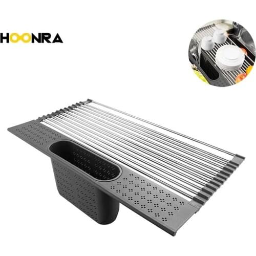 HOONRA Foldable Kitchen Sink Rack Roll-up Dish Drying Rack Stainless Steel Dish Drainer Mat Fruit Vegetable Holder Kitchen Tools