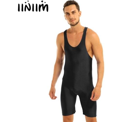 Iiniim Mens Lingerie One-piece Modified Deep U-neck Wrestling Singlet Boxer Shorts Briefs Tight Bodysuit Underwear Nightwear