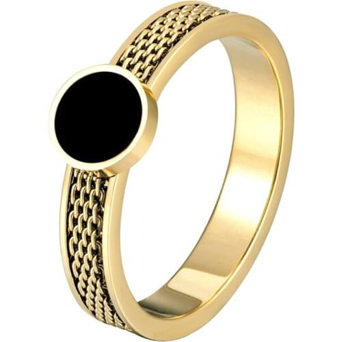 Exquisite Chain And Circle Black Acrylic Charm Ring High Quality Titanium Steel Gold Color Fashion Jewelry Gift For Woman