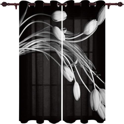 Exquisite Home Curtains Black And White Tulips Living Room Bedroom Kitchen Translucent Polyester Decorative Curtains