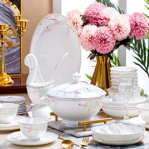 60 Heads ceramic tableware Rice Bowl Dish Salad Noodles Bowl Plate Dinnerware Sets Kitchen Soup Pot Tableware