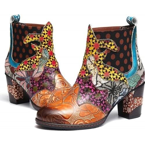 Colorful Ethnic Boots PU Leather Splicing Flower Zipper High Heels Short Boots Elegant Shoes Women Shoes