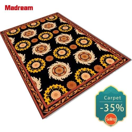 European Style Circle Floral Decoration Carpet Orange Black Ethnic Style Living Room Rugs Anti-Slip Bedroom Bedside Floor Mats