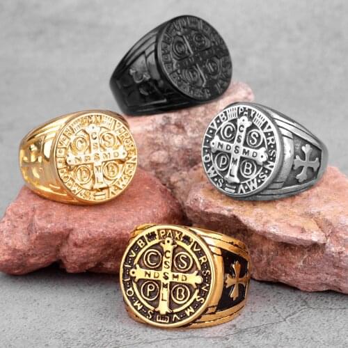 Saint Benedict Cspb Gold Black Cross Men Rings Punk Hip Hop for Boyfriend Male Stainless Steel Jewelry Creativity Gift Wholesale